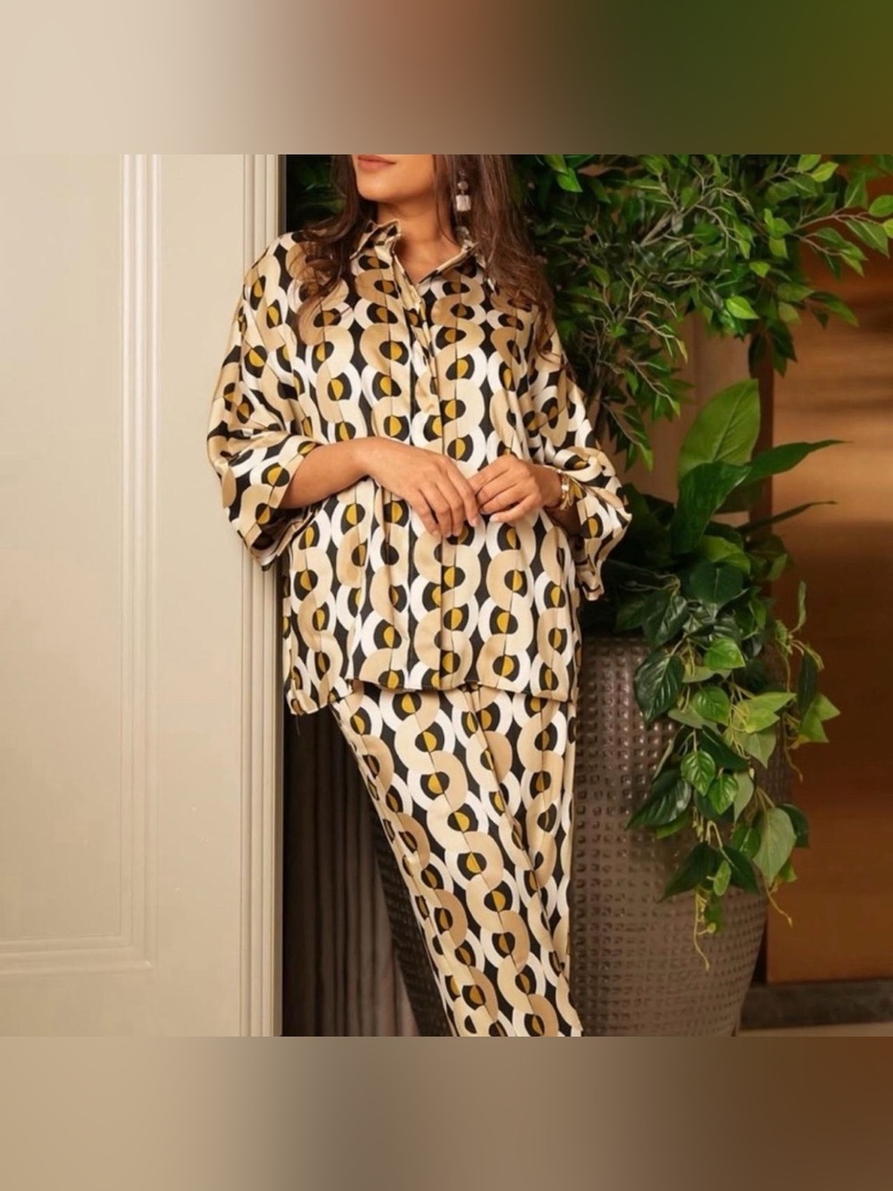 Zara Geometric Print Two-Piece Shirt and Pants Set in Cream, Black & Mustard XS